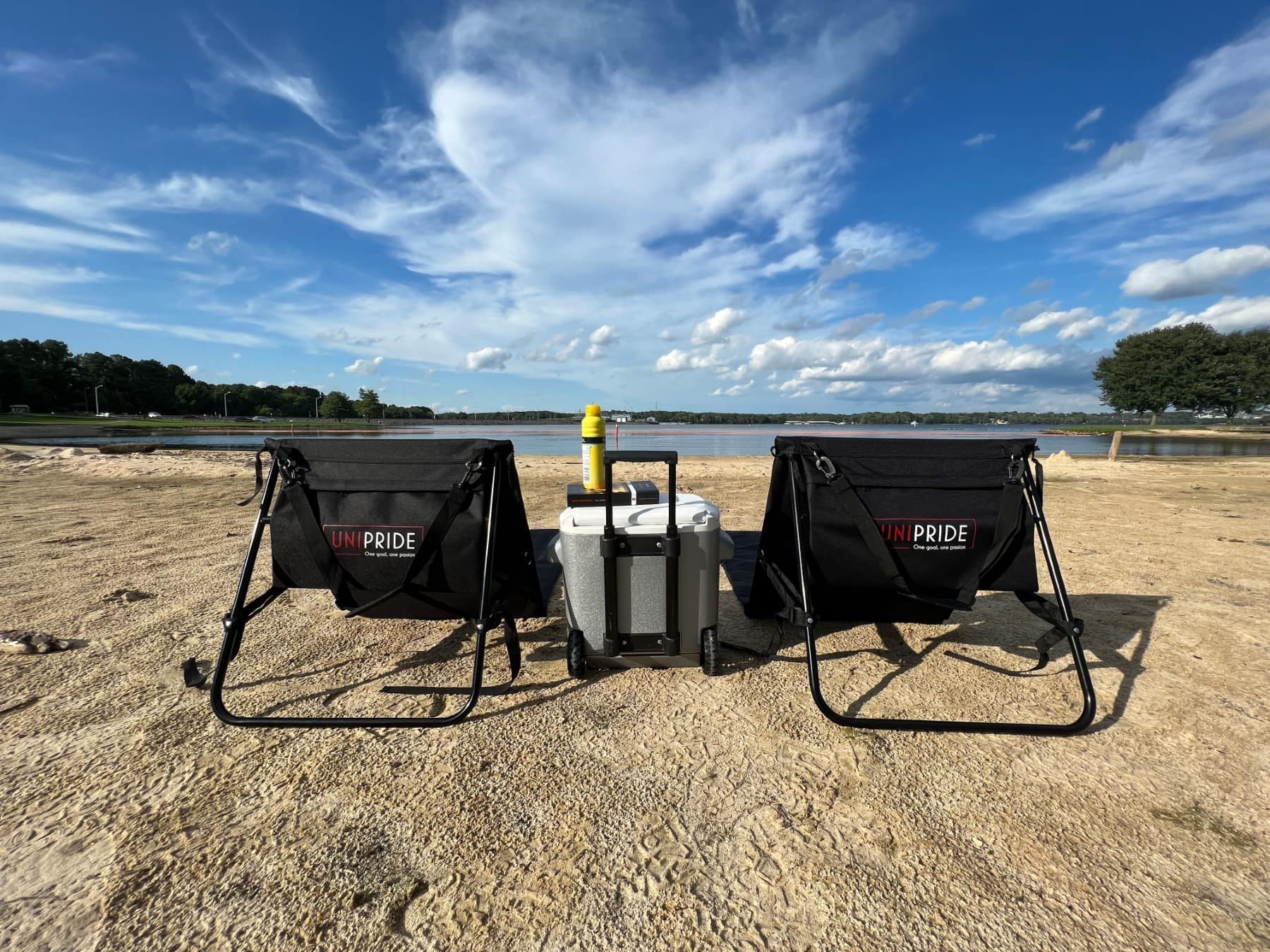 Unipride Portable Beach Chair Two Set Up With Cooler Horizon