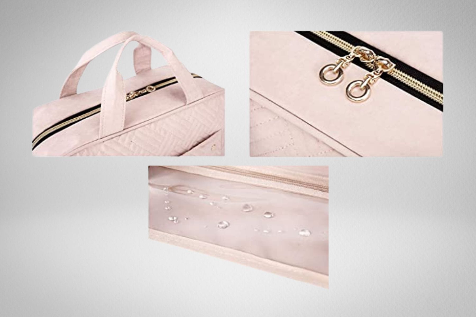 Large handles, 2-way zipper pull, and water-resistant clear PVC. 
