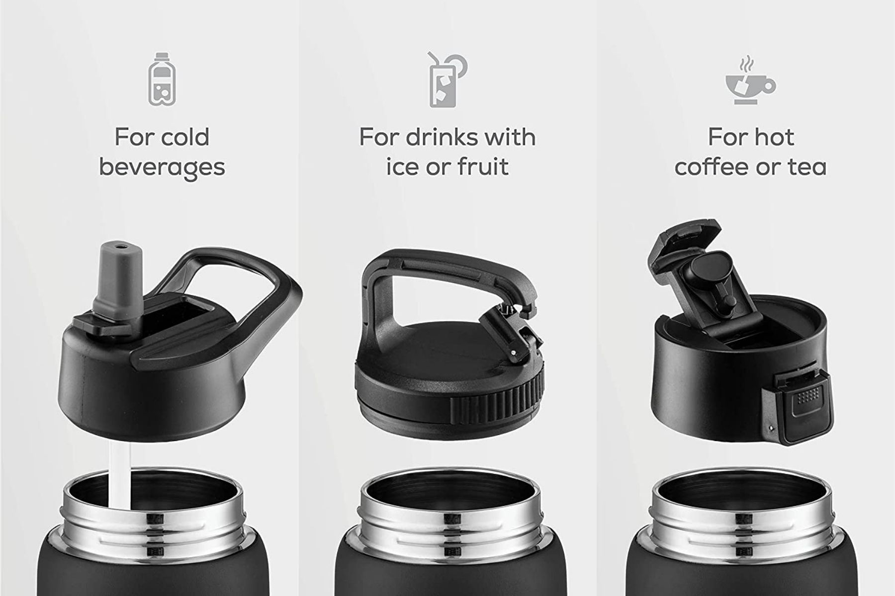 The different lids are designed for different types of drinks and purposes. Choose your own lid for your own purpose. Image Source: FineDine on Amazon