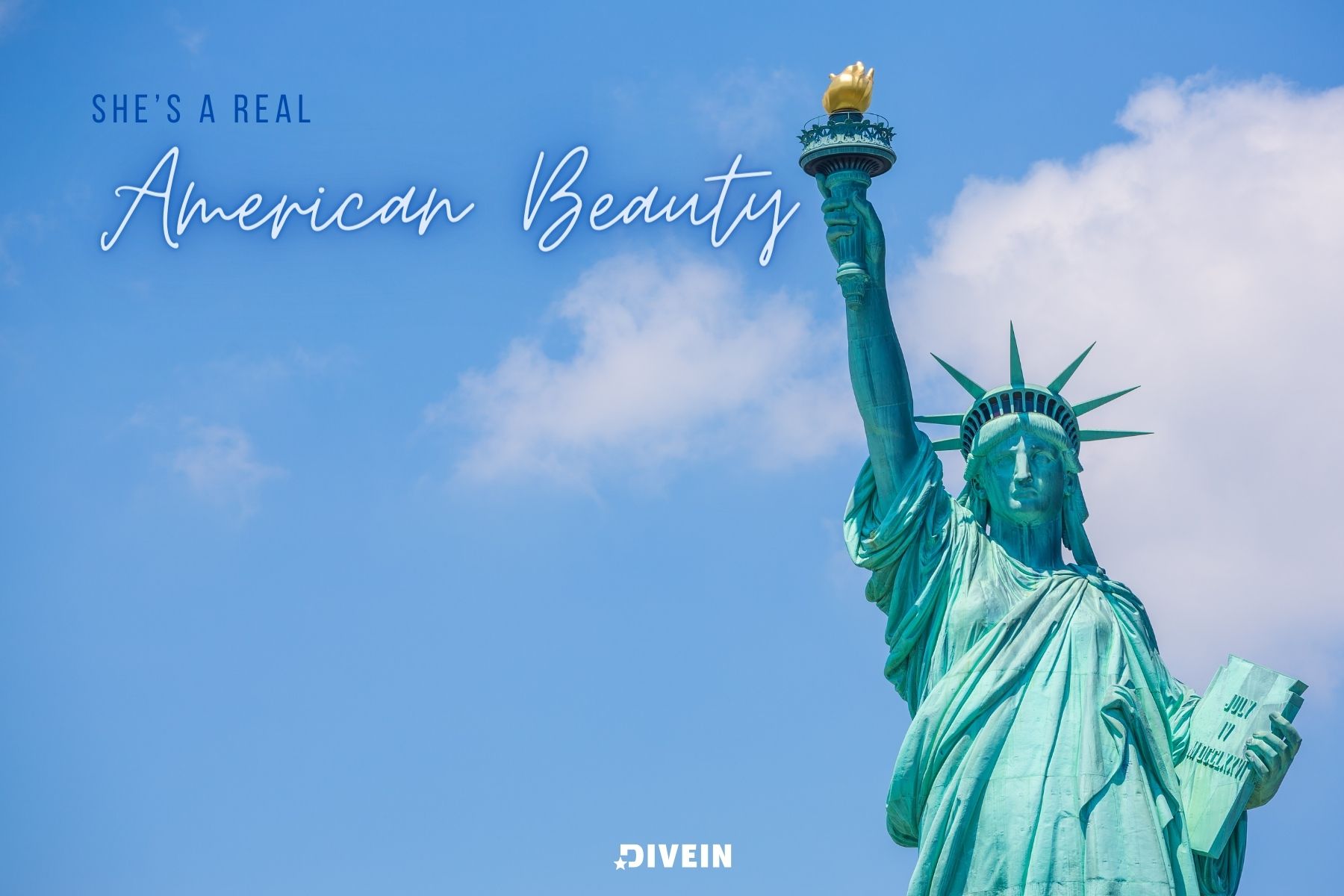 statue of liberty caption. shes a real american beauty