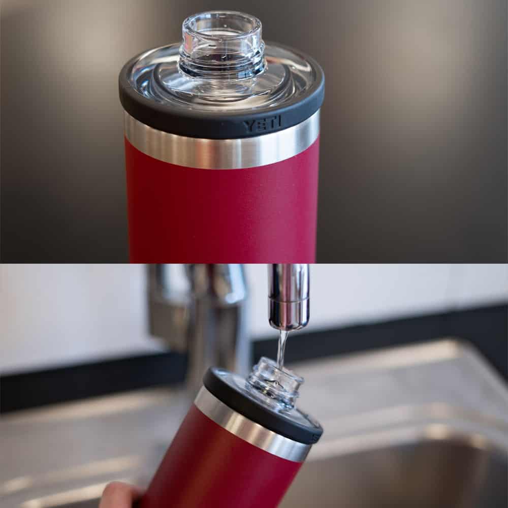 The chug cap lid is one option for the Rambler. Yeti water bottles have several options, but this one keeps cold beverages cold when chugging and makes pouring hot liquids less-wasteful of the heat.