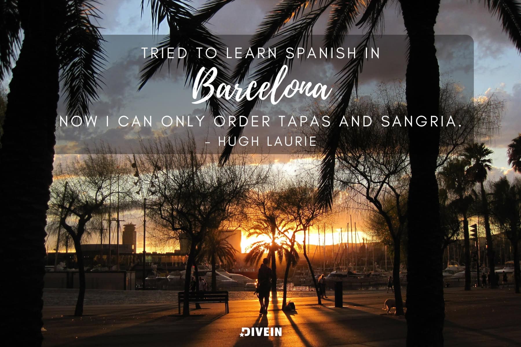 funny barcelona quotes by hugh laurie.  tried to learn spanish in barcelona. now i can only order tapas and sangria